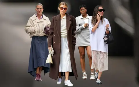 Vier Frauen in modernen Outfits, die von typischen Schuhen der 90er Jahre inspiriert sind.