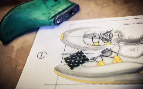 Ein Schuhdesigner skizziert einen Sneaker mit Schnürsystem. Ein grüner Schuhleisten liegt daneben.