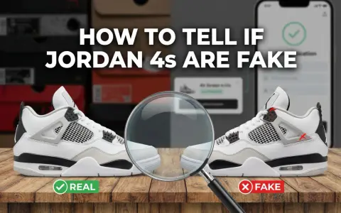 Vergleich von echten und gefälschten Jordan 4 Sneakern. Ein Lupenglas hebt Details hervor, um zu zeigen, wie man Jordan 4 fake erkennen kann.