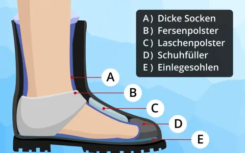 Illustration zeigt, wie man Schuhe enger machen kann: dicke Socken, Fersenpolster, Laschenpolster, Schuhfüller und Einlegesohlen.