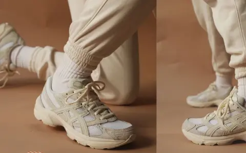 Beige Sneaker kombinieren: Ein lässiger Look mit cremefarbenen Jogginghosen und weißen Socken.