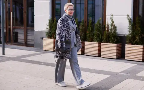 Stilvolle Frau in grauem Anzug und Strickhose, kombiniert mit einem gemusterten Mantel und Sneakern.
