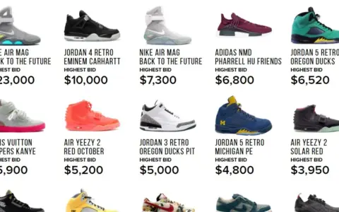 Verschiedene seltene Sneaker-Arten, darunter Nike Air Mag, Jordan 4 Retro und Louis Vuitton Jaspers Kanye, mit ihren Höchstgeboten.