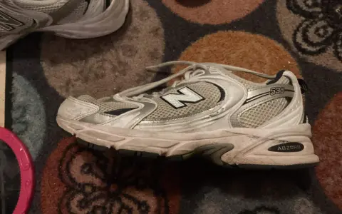Ein schmutziger New Balance 530 Sneaker liegt auf einem gemusterten Teppich. Zeit, ihn zu waschen!