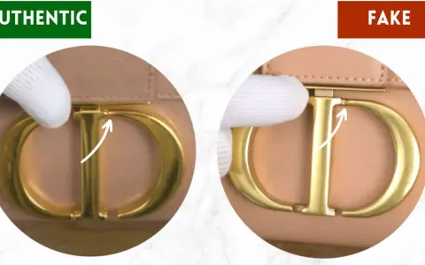 Vergleich von Dior-Taschen: Echtheit prüfen. Links: authentisch, rechts: gefälscht. Achten Sie auf Details wie den CD-Verschluss.