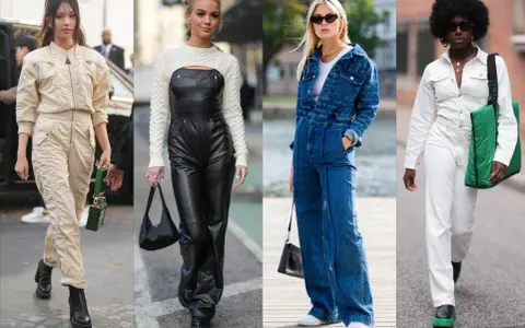 Vier Frauen präsentieren Outfits: Beige Utility-Overall, schwarzer Leder-Latzanzug mit Strick-Crop-Top, Jeans-Overall mit passender Jacke und weißer Overall mit grüner Tasche.
