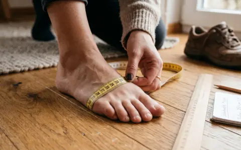 Fuß wird gemessen, um die richtige Schuhweite G zu ermitteln. Ein Maßband umschließt den Ballen.