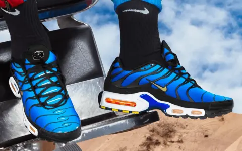 Blaue Nike TNs mit schwarzen Akzenten und goldenem Swoosh. Ein Blick auf die Details hilft, nike tn fake erkennen.