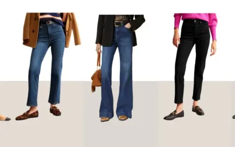 Fünf Outfits zeigen, welche Schuhe zu engen Hosen passen: Loafer, Ballerinas und Mules.