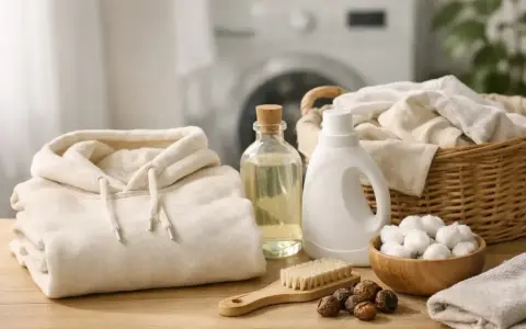 Alles für das Waschen von Hoodies: ein gefalteter Hoodie, Waschmittel, Seifen Nüsse und eine Bürste.