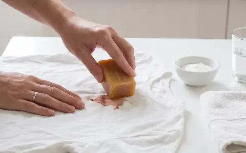 Hand reibt mit Seifenstück über Blutfleck auf weißem T-Shirt, um gewaschene Blutflecken entfernen zu können.