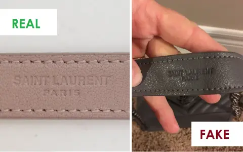 Vergleich: Echte YSL Tasche mit präziser Prägung vs. Fake mit unsauberer Schrift. So erkennst du eine YSL Tasche fake.
