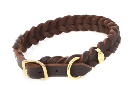 Braunes, geflochtenes Halsband aus Fettleder mit goldener Schnalle. Robust und stilvoll für deinen Hund.