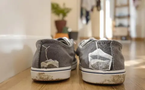 Graue Sneaker mit Teebeuteln, die aus den Fersen ragen. Ein ungewöhnlicher Trick, um Gerüche zu bekämpfen.