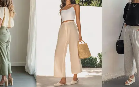 Drei Outfits mit 7/8 Hosen: Sandalen, Mules und Keilabsatzschuhe zeigen, welche Schuhe zu 7/8 Hosen passen.