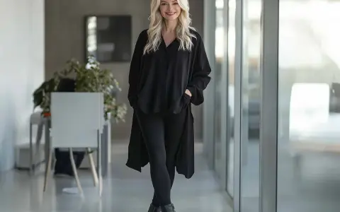 Eine Frau stylt eine schwarze Longbluse mit Leggings und Stiefeletten. Ein lässiger, aber schicker Look.