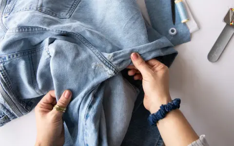 Hände halten hellblaue Jeans, die zum Nähen vorbereitet werden. Nähutensilien wie Schere und Garn liegen bereit. Vielleicht werden die Jeans bald ins Gefrierfach gelegt, um sie zu erfrischen.