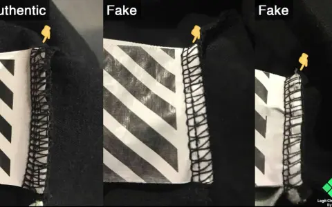 Vergleich von Etiketten: Ein authentisches off white Etikett zeigt saubere Nähte, während gefälschte Etiketten unsaubere Verarbeitung aufweisen.