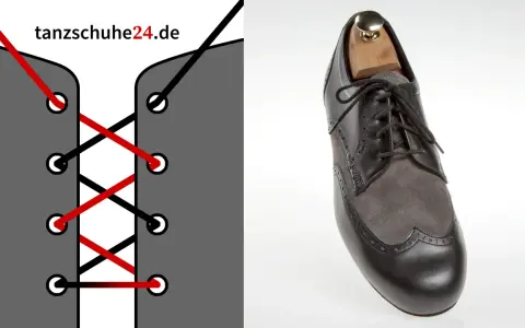 Anleitung zum Anzugschuhe binden: Links zeigt eine Grafik mit roten und schwarzen Schnürsenkeln, rechts ein eleganter Schuh.