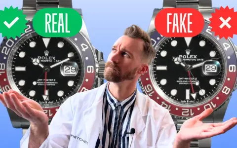 Mann vergleicht eine echte Rolex Pepsi mit einer Fälschung. Grüne Haken und "REAL" auf der linken Seite, rote Kreuze und "FAKE" auf der rechten.
