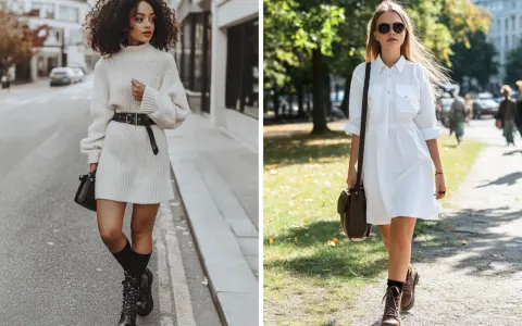 Zwei Frauen zeigen, wie man Stiefel zu Kleid kombiniert: eine im lässigen Strickkleid mit Schnürstiefeln, die andere im weißen Hemdblusenkleid mit Chunky Boots.