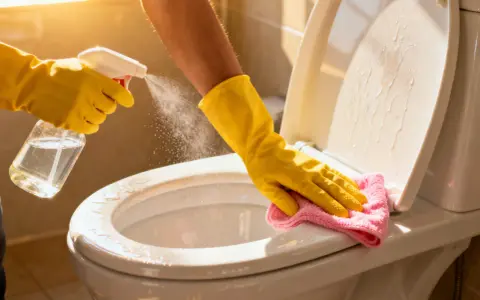 Gelbe Handschuhe sprühen Reinigungsmittel auf die Toilettenschüssel, um Wasserflecken zu entfernen. Ein rosa Tuch wischt die Oberfläche ab.