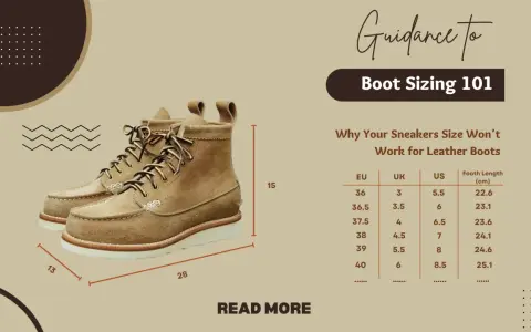 Herren-Schuhweiten-Ratgeber mit Größentabelle für Lederstiefel. Ein Paar braune Schnürstiefel ist abgebildet.