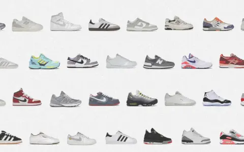 Reihe um Reihe von kult Sneaker-Modellen, von Retro-Klassikern bis zu modernen Designs, alle auf weißem Hintergrund.