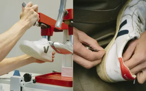 Hände arbeiten an einem Schuh. Links wird ein neuer Sneaker in einer roten Maschine fixiert, rechts werden alte Schuhe repariert.