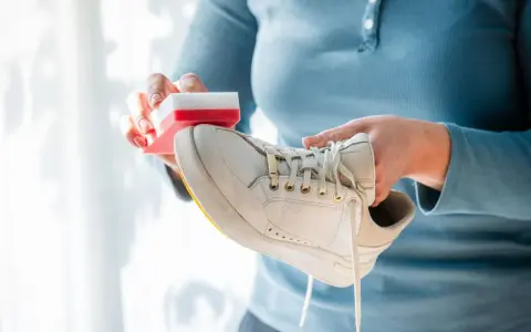 Person reinigt weiße Puma Schuhe mit einem Schwamm.