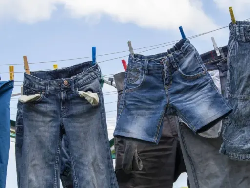 Jeans trocknen an der Wäscheleine. Ein ideales Jeans waschen programm sorgt für frische Kleidung.