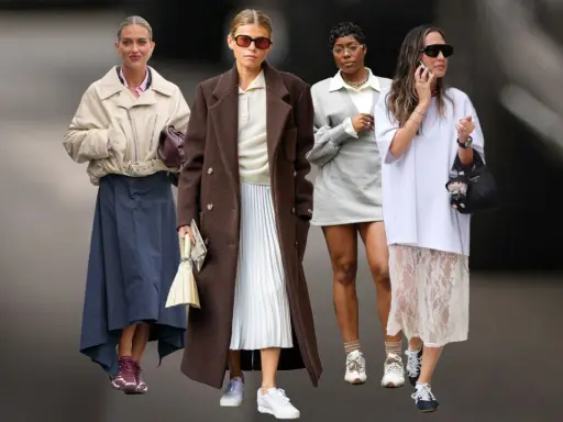 Vier Frauen in modernen Outfits, die von typischen Schuhen der 90er Jahre inspiriert sind.