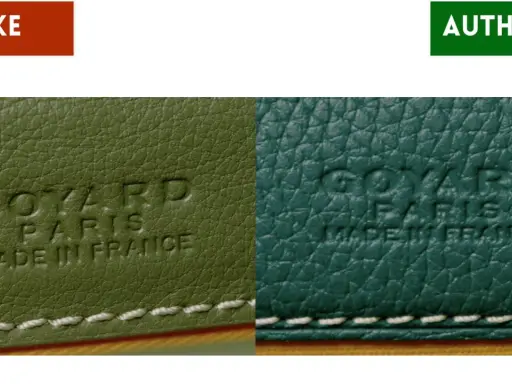 Nahaufnahme von Goyard-Prägungen auf Leder. Links "FAKE" (grün), rechts "AUTHENTIC" (türkis). So können Sie **Goyard fake erkennen**.