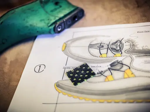 Ein Schuhdesigner skizziert einen Sneaker mit Schnürsystem. Ein grüner Schuhleisten liegt daneben.