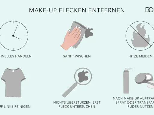 Tipps zum Make-up aus Kleidung entfernen: schnell handeln, sanft wischen, Hitze meiden, links reinigen, Fleck untersuchen, Fixing Spray/Puder nutzen.