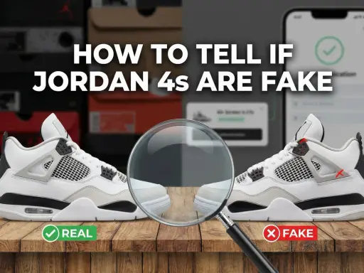 Vergleich von echten und gefälschten Jordan 4 Sneakern. Ein Lupenglas hebt Details hervor, um zu zeigen, wie man Jordan 4 fake erkennen kann.