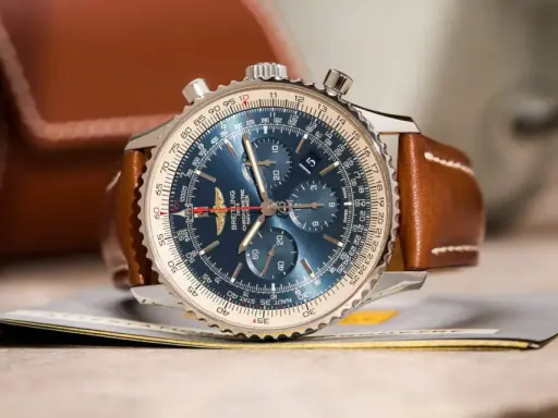 Breitling B13048 Navitimer mit blauem Zifferblatt und braunem Lederarmband. Ein echter Klassiker, der die Zeit überdauert.