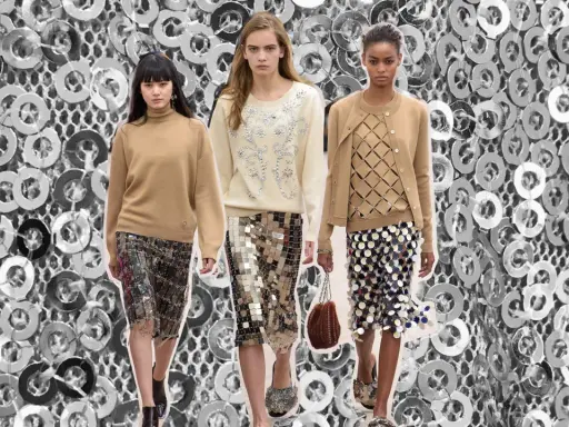 Drei Models präsentieren verschiedene Wege, einen pailletten rock zu kombinieren: mit Strickpullover, Cardigan oder einem schlichten Rollkragen.