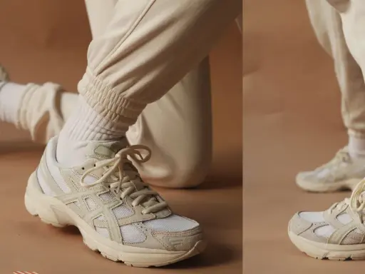 Beige Sneaker kombinieren: Ein lässiger Look mit cremefarbenen Jogginghosen und weißen Socken.