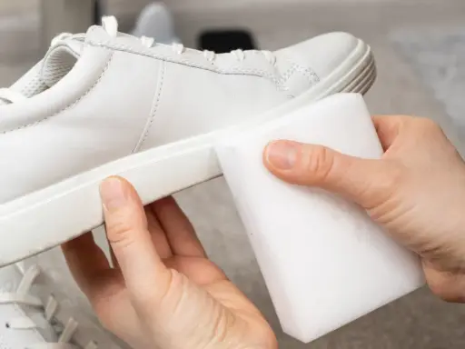 Weiße Sneaker reinigen: Mit einem magischen Radiergummi werden Flecken auf der Sohle mühelos entfernt.