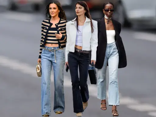 Drei Frauen zeigen, wie man bootcut jeans kombinieren kann: mit Streifen-Top und Blazer, weißer Jacke oder schwarzem Blazer.