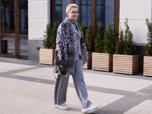 Stilvolle Frau in grauem Anzug und Strickhose, kombiniert mit einem gemusterten Mantel und Sneakern.