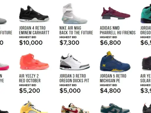Verschiedene seltene Sneaker-Arten, darunter Nike Air Mag, Jordan 4 Retro und Louis Vuitton Jaspers Kanye, mit ihren Höchstgeboten.