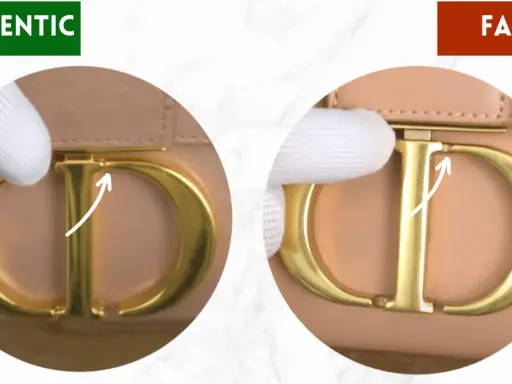 Vergleich von Dior-Taschen: Echtheit prüfen. Links: authentisch, rechts: gefälscht. Achten Sie auf Details wie den CD-Verschluss.