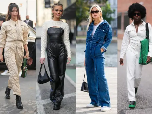Vier Frauen präsentieren Outfits: Beige Utility-Overall, schwarzer Leder-Latzanzug mit Strick-Crop-Top, Jeans-Overall mit passender Jacke und weißer Overall mit grüner Tasche.