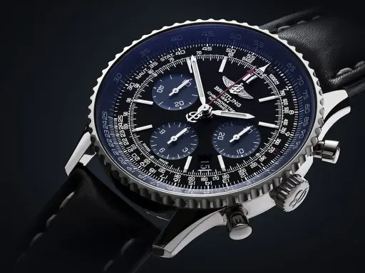 Breitling Navitimer mit schwarzem Zifferblatt und Lederarmband. Ein Detailvergleich zwischen Breitling Replica vs Real ist hier gut erkennbar.