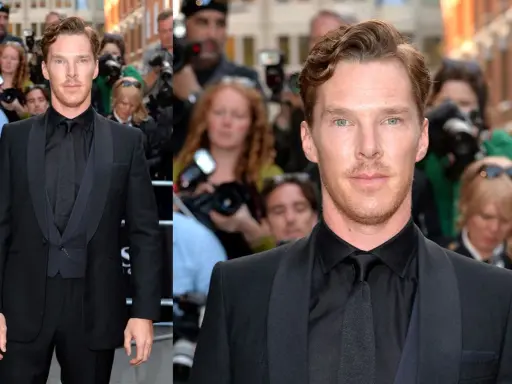 Benedict Cumberbatch im schwarzen Anzug mit schwarzem Hemd und Krawatte.