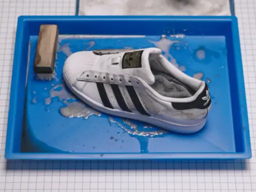 Ein schmutziger weißer Adidas Superstar Schuh liegt in einer blauen Wanne mit Wasser und Seife. Reinigungswerkzeuge liegen daneben.