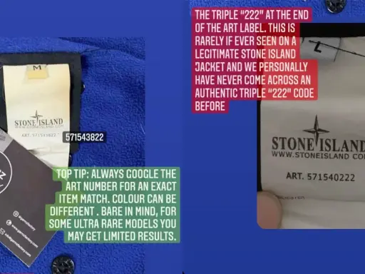Vergleich von Stone Island Etiketten: Ein echtes (links) und ein Stone Island Fake (rechts) mit auffälligem "222" Code.