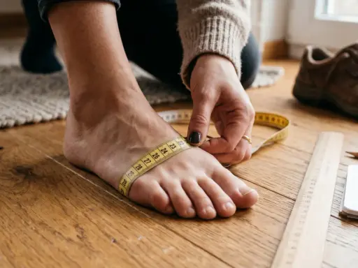 Fuß wird gemessen, um die richtige Schuhweite G zu ermitteln. Ein Maßband umschließt den Ballen.